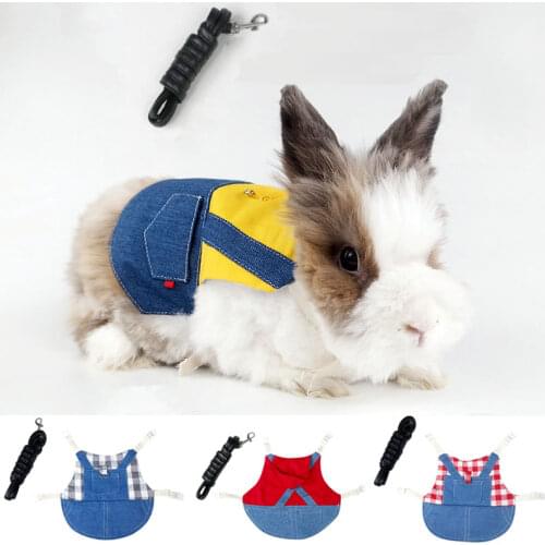Pet Rabbit Clothes Denim Jacket Coat Small Animal Harness Leash Vest Bag Hat Set for Ferret Bunny Hamster Small Pet Supplies