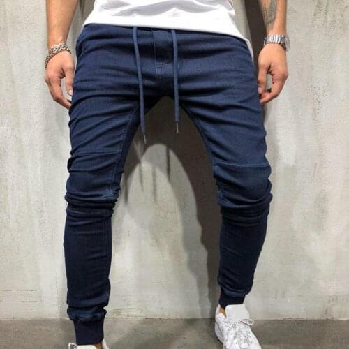 Drawstring Solid Color Men Jeans Denim Mid Waist Ankle Banded Pencil Jeans Trousers Long Slim Skin-friendly Skinny Pants