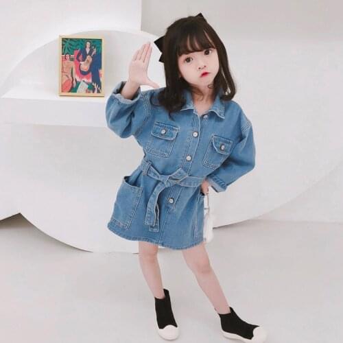 Fall Girls Denim Dress 2021 Fashion Casual Dresses Spring Childrens Long Sleeve party Korean style Polo Collar Denim Clothing