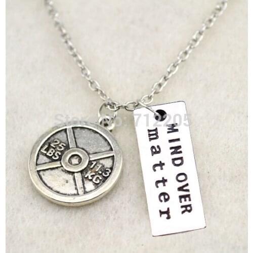 Fitness Weightlifting jewelry Vintage Circle 25LBS 11.3KG Weight Plate and MIND OVER matter Gym necklace