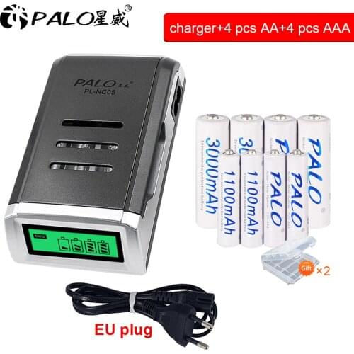 PALO 4Pack 1.2V NI-MH AA rechargeable battery+4Pack 1.2V AAA rechargeable Batteries+LCD display smart battery charger for AA AAA