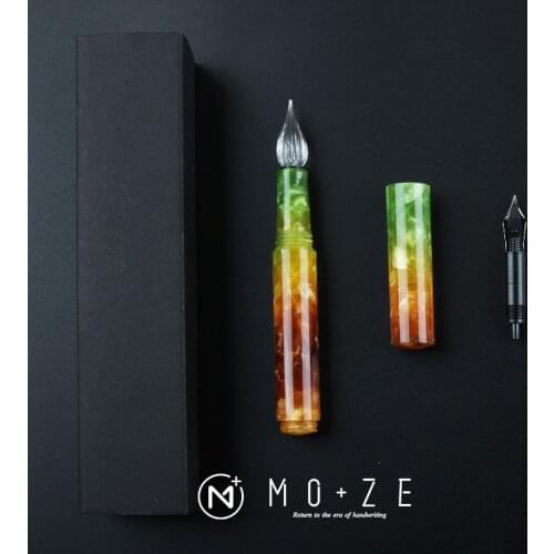 Wanwu Creative Celluloid Aurora Mini Glass Dip Pen & Fountain Pen Pocket EF/F/Small Bent Nib Colorful Ink Pen & Box Gift Set