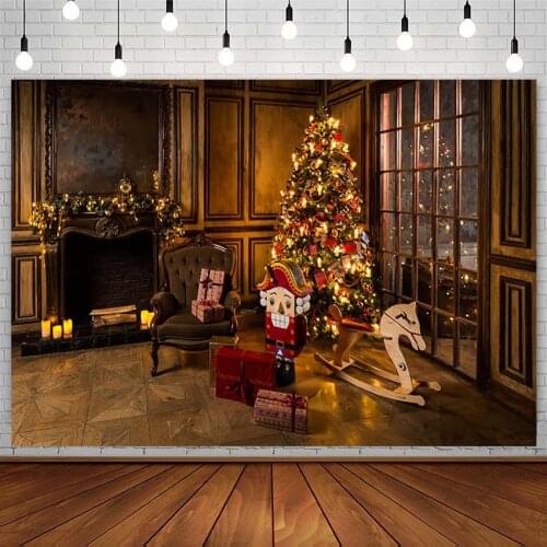 Christmas Backdrop Tree Winter Fireplace Gifts Trojan Light Bell XMAS Photography Background Photo Studio Photozone Decor Props