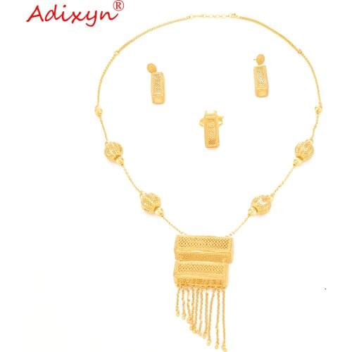 Adixyn Tassels Earrings Necklace Ring Jewelry set for Women Girls 24K Gold Color Africa Bridal Wedding Jewelry Gifts N1021H5