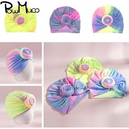 Powmuco 19*16 CM Handmade Fabric Infant Hats Gradient Rose Roll Baby Girls Caps Colorful Folded Indian Bonnet Newborn Headwear