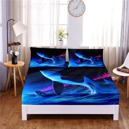 Blue Whale Digital Printed 3pc Polyester Fitted Sheet Mattress Cover Four Corners with Elastic Band Bed Sheet Pillowcases