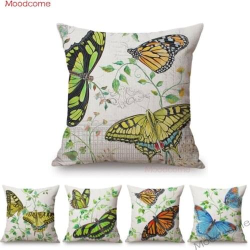 Nordic Summer Hand Drawn Watercolor Butterfly Green Leaves Art Sofa Pillow Case Cotton Linen Butterflies Art Decor Cushion Cover