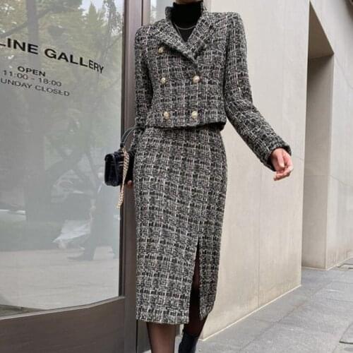 Tweed Blazer Jacket And High Waist Split Tweed Skirt Suit Autumn Winter Women Korean 2 Piece Set