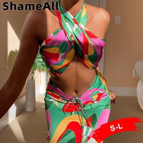 Street Graphic Print Strappy Cross Over Bandage Backless and Ruched Skirts 2 Two Pieces Beach Sets Summer Vintage Club Outfits