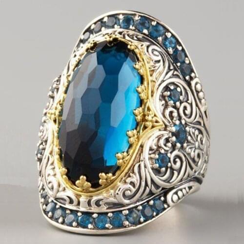 Vintage Blue Rings Women Elegant Blue Big Rhinestone Crystal Ring Men Alloy Luxury Wedding Engagement Rings Bohemian Jewelry