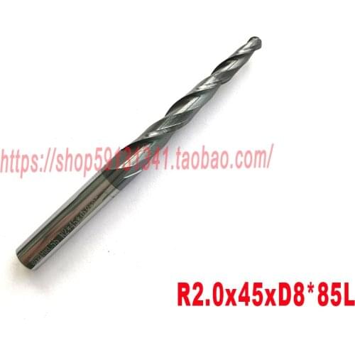 1pc R2*D8*45*85-HRC55 Tungsten solid carbide lengthen Tapered Ball Nose End Mills taper and cone milling cutter ferramentas