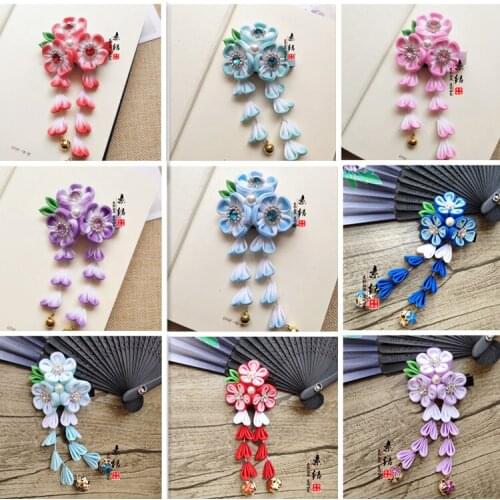 Japanese Handmade Hairpin Cloth Sakura Tassel Bell Hair clip Tsumami zaiku Headdress Kimono Geisha Cosplay Hair Accessories