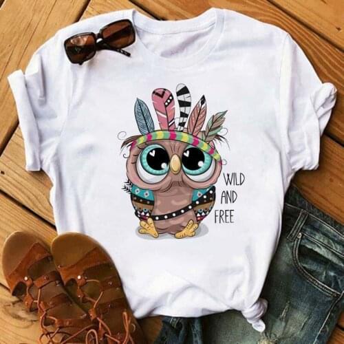 Maycaur New Kawaii Owl Printed T-shirts Summer Short Sleeve Womens T-shirt Casual Cartoon Graphic Ladies Clothes Female Tees Top