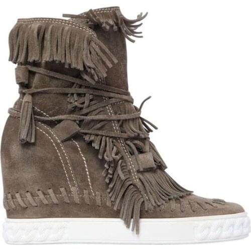 Moraima Snc Suede Fringed 8cm Height Increasing Woman Boots Round Toe Lace-up Ankle Boots Platform Wedge Casual Shoe