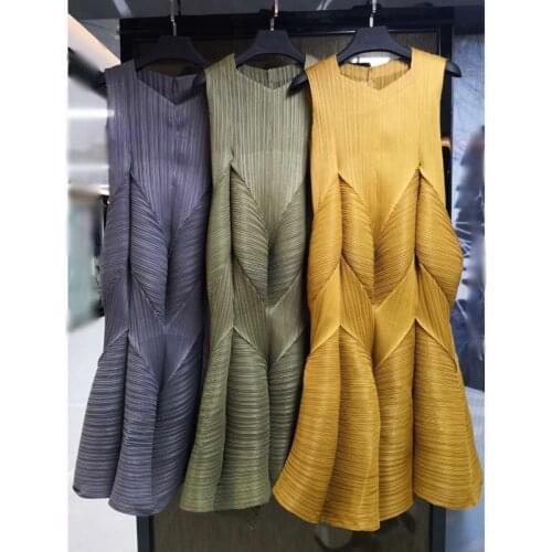 Miyake Pleats flower bud summer woman dress kimono yellow plus size loose sleeveless dress high quality aesthetic clothes
