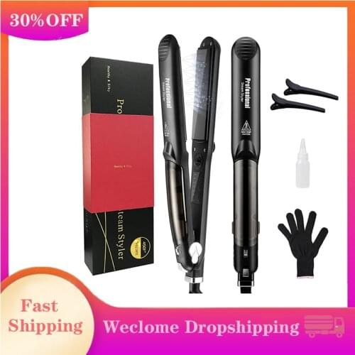 2 in 1 Professional Steam Flat Iron Hair Straightener 450F Ceramic Steam Flat Iron Vapor Plate Wet/Dry Hair-Heats Up Flat Iron