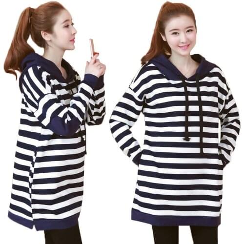 2019 Maternity Clothes Winter New Style Plus Velvet Padded Long Plus-size Hoodie Striped Pregnant Womens Top Mid-length