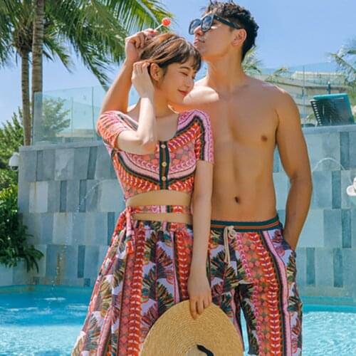 2021 Summer New Couple Swimsuits Skirt Style Sexy Bikini Girls Slim Swimwear Women Male Baggy Beach Pants Swimcloth Men