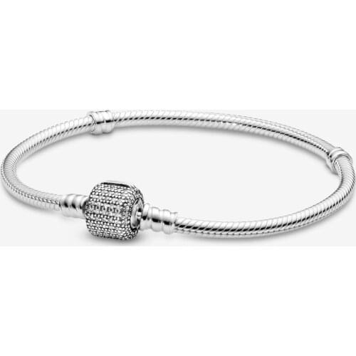 100% S925 Sterling Silver Moments Sparkling Pave Clasp Snake Chain Bracelet Fashion Jewelry Argent 925 Bracelets for Women