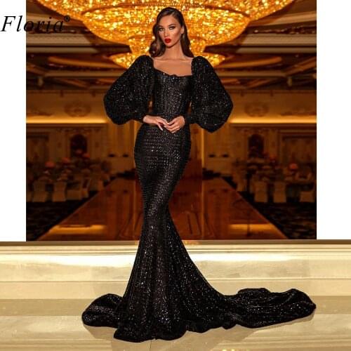 Middle East Black Formal Evening Dresses Long Glitter Sequins Mermaid Prom Gowns Arabic Pageant Dress Party Abendkleider Custom