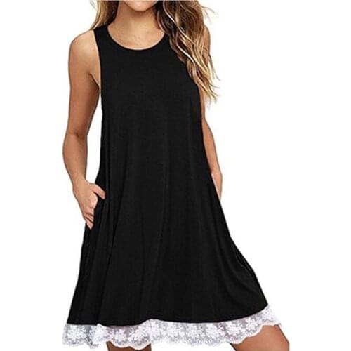 Cotton Womens Dress Party Sleeveless Loose Pockets Lace Hem Comfortable