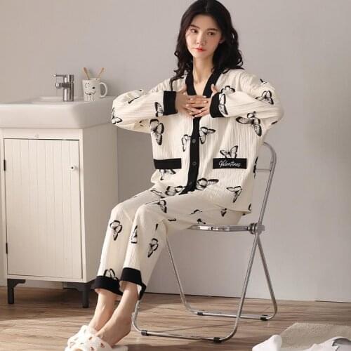 V-Neck Cardigan Womens Pajamas Korean Style Cotton Pit Stripe Long-Sleeved Top Trousers Sleepwear Set Casual Loose Nightwear