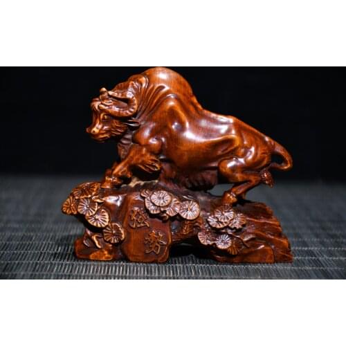 4"China Lucky Old Boxwood Gilt Hand-carved Cow statue Strong bull Lucky Bull Office Ornaments Town House Exorcism