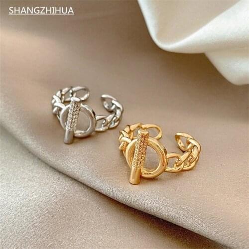 2021 New Gothic Hip-Hop Chain T-Button Gold Opening Rings For Woman Fashion Korean Jewelry Nightclub Party Girls Unusual Ring