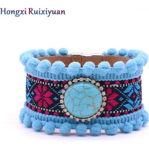 Bohemian leather Bracelets&Bangles natural stone rhinestones vintage ladies magnetic buckle bracelet hair ball wrist jewelry