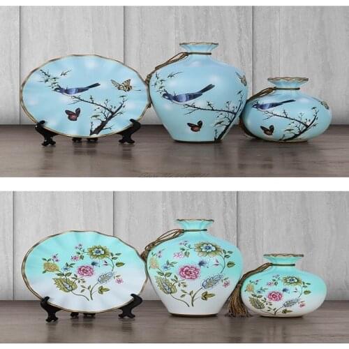 Creative ceramic vase three-piece set, home living room porch model room flower and bird vase decoration