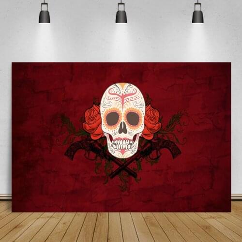 Laeacco Skeleton Day of The Dead Mexican Festival Red Photo Background Rose Flower Photocall Poster Backdrop For Photographic