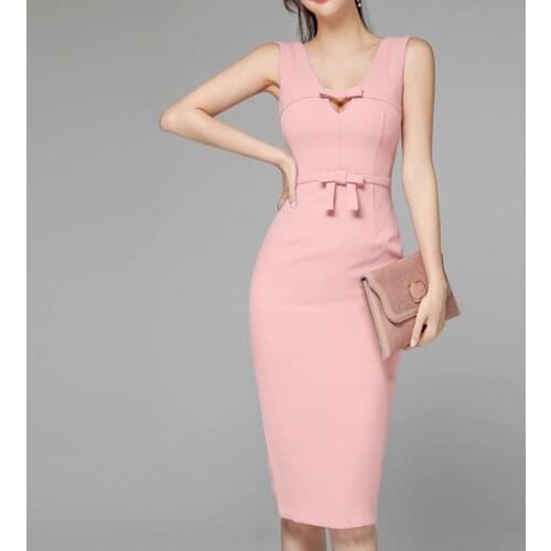 New arrival fashion party dress women elegant summer v-neck sleeveless temperament office lady sweet pink slim pencil dress