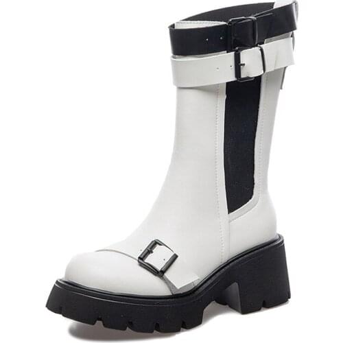 Autumn Chelsea Boots Women 2021 High Heels Platform Genuine Leather Black Ankle Boots For Ladies Short Chunky Punk Gothic Shoes