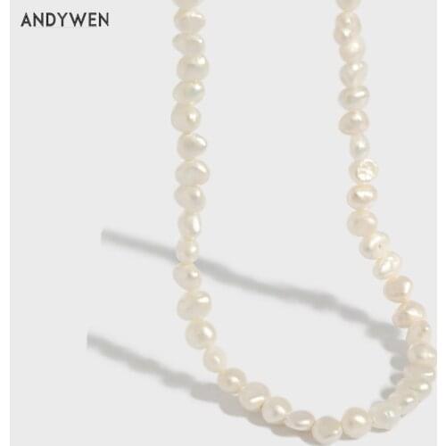 ANDYWEN 925 Sterling Silver Luxury Irregular Pearl Charm Choker Necklace Long Chain Fashion Luxury Jewelry For Women Gift