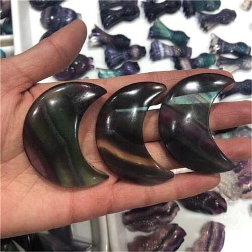 Natural polished Quartz Hand Carved rainbow fluorite Crystal Moon Shaped For folk crafts