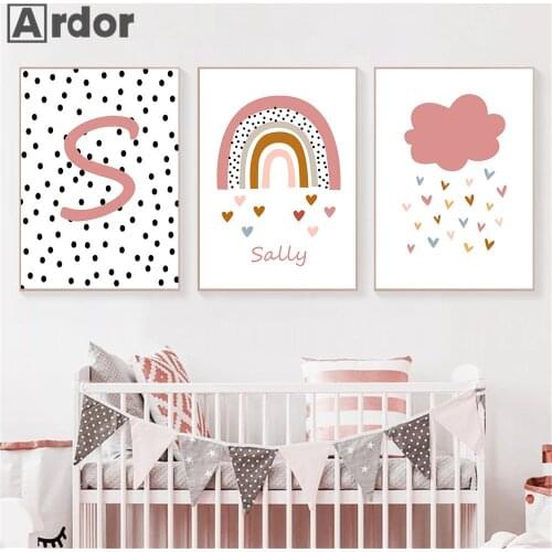 Pink Cloud Rainbow Prints Child Custom Name Poster Nursery Wall Art Canvas Painting Letter Nordic Wall Pictures Baby Room Decor
