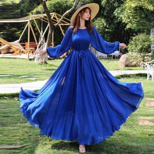 Spring Autumn Women Chiffon Party Long Sleeve Maxi Dress Hawaii bangkok Dress Plus Size Beach Wedding Plus Size
