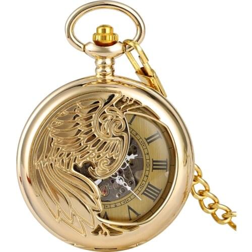 Vintage Transparent Skeleton Mechanical Watches Half Hunter Silver/Gold Wings Design Mechanical Clock Retro Watch Gifts