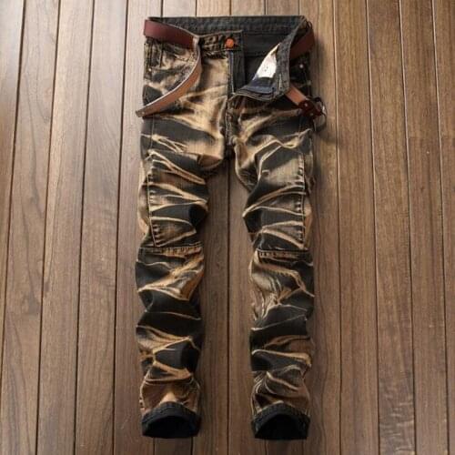 High Quality Men Casual Jeans Coated Slim Straight Pleated Biker Jeans Pants Male Denim Casual Pants