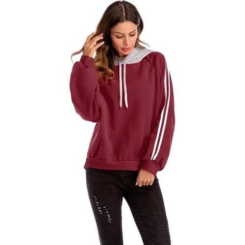 Womens Autumn New Sports Shirt Stitching Loose Long-sleeved Drawstring Hooded Sweatshirt High Street Wn