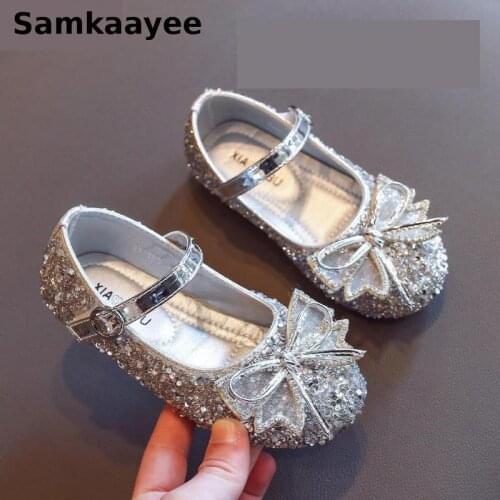 2-18y Girls Leather Shoes Spring Autumn Children Princess Crystal Shoes Kids Glitter Bow Butterfly Knot Pink Dance Footwear S48