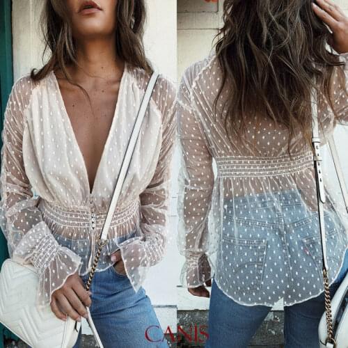 Womens Sexy V Neck Perspective Shirts See-through Mesh Sheer Shirts Polka Dots Long Sleeve Clubwear Casual Blouses Tops