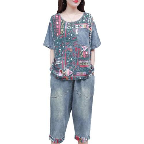 2021 Women Denim Two-piece Suit Summer Korean Loose Plus Size Printed Shirt + Casual Pants Suit Female Short Section 2 Piece Set
