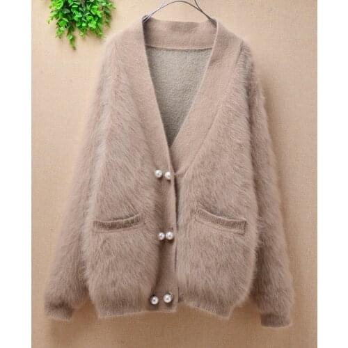 Ladies women korean fashion hairy fuzzy mink fur v-neck sweater loose coat angora abbit hair knitted sweater jacket cardigans