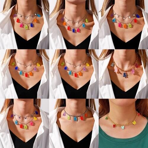 Vintage Multicolor Resin Cute Animal Bear Butterfly Pendant Necklace for Women Gift Trendy Accessories Punk Cross Heart Charms