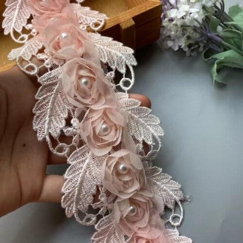 1 Yard Lace Trim Pink Pearl Rose Flower Soluble 75mm Embroidered Ribbon Fabric Handmade DIY Wedding Dress Sewing Supplies Craft