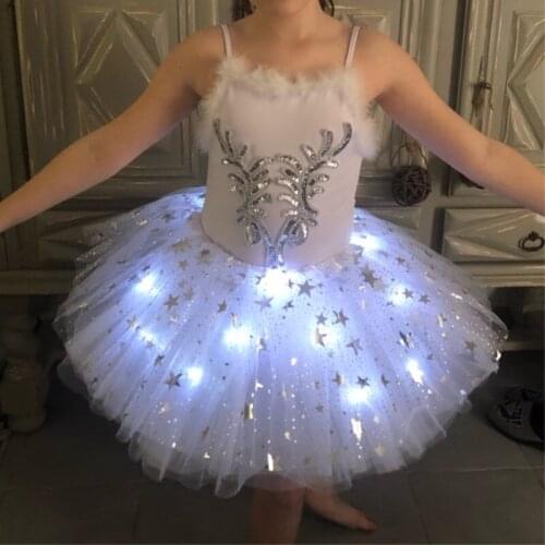 2021 New Mesh Ribbon Light-emitting LED Childrens Skirt Stage Dance Performance Festival Party Big Star Print White