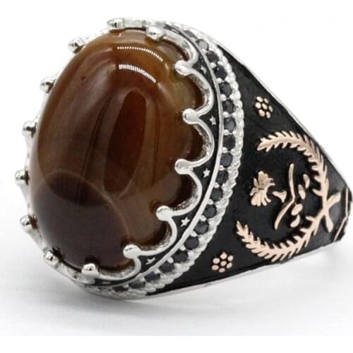 925 Sterling Silver Islamic Men Ring with Oval Natural Stone Rings for Male Women Crown Lucky Grass Symbol Punk Turkish Jewelry