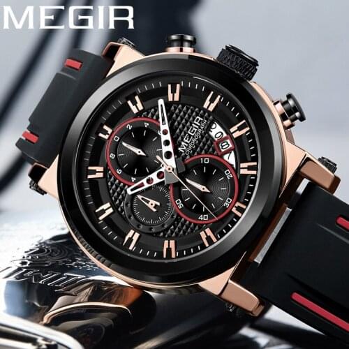 MEGIR Men Watch Top Brand Luxury Gold Chronograph Wristwatch Date Military Sport Rubber Band Male Clock Relogio Masculino 2100