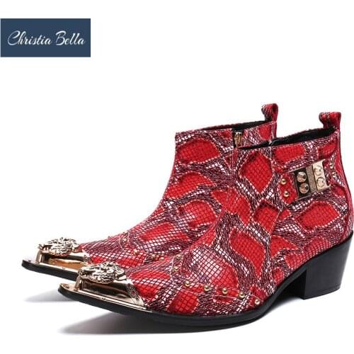 Christia Bella Print Men Shoes Genuine Leather Boots New Fashion Simplicity Metal Pointed Toe Boots Big Size Zipper Short Boots